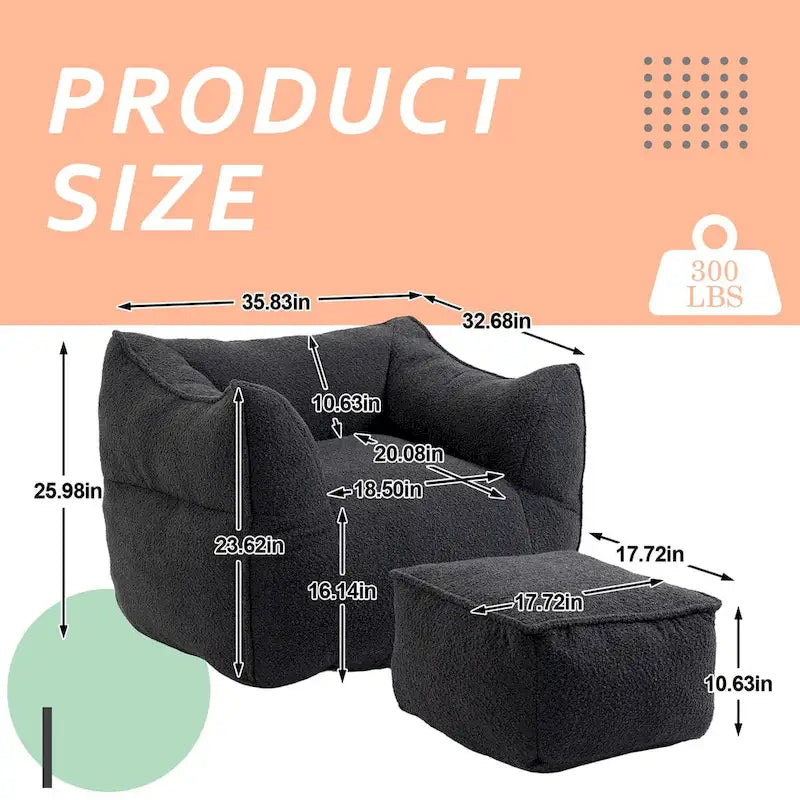 Oversized Fluffy Deep Seat Armless Square Bean Bag Chair with Ottoman