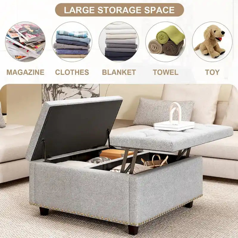Upholstered Storage Ottoman Bench with Lift Top, Light Grey Linen Fabric