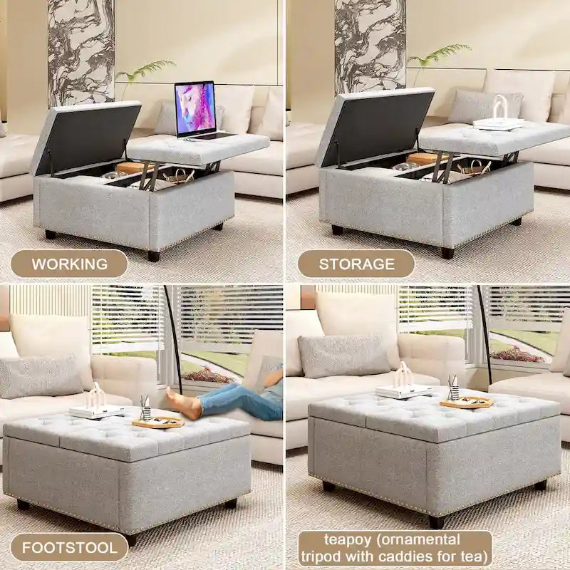 Upholstered Storage Ottoman Bench with Lift Top, Light Grey Linen Fabric