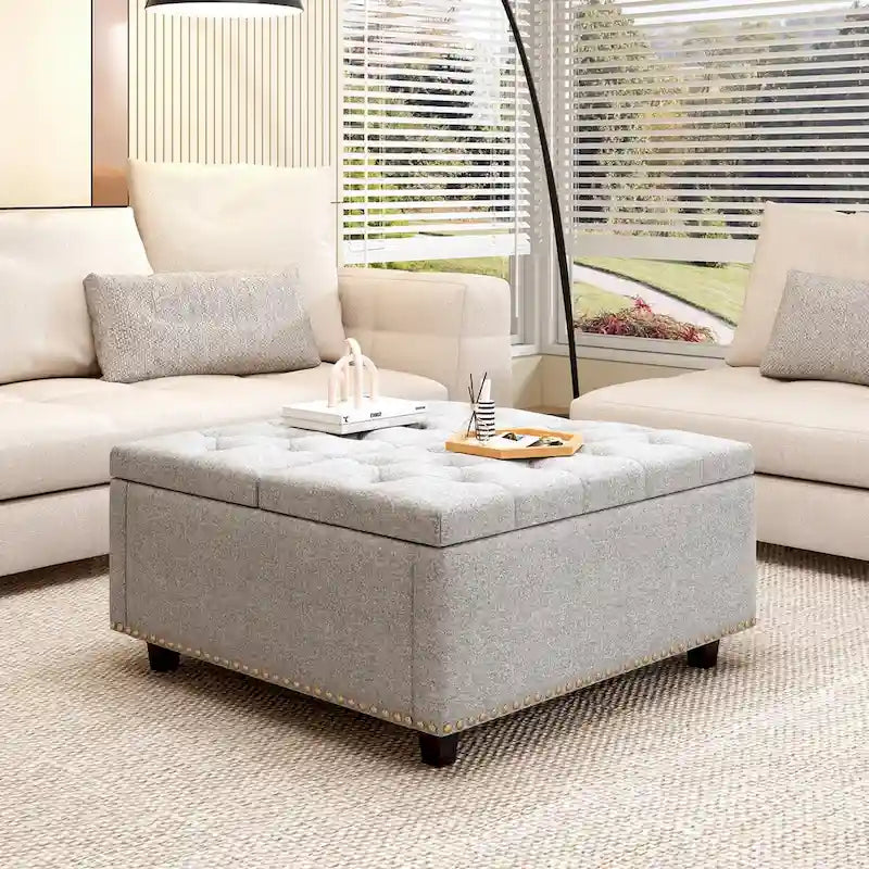 Upholstered Storage Ottoman Bench with Lift Top, Light Grey Linen Fabric