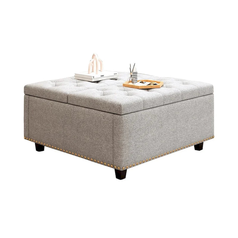 Upholstered Storage Ottoman Bench with Lift Top, Light Grey Linen Fabric