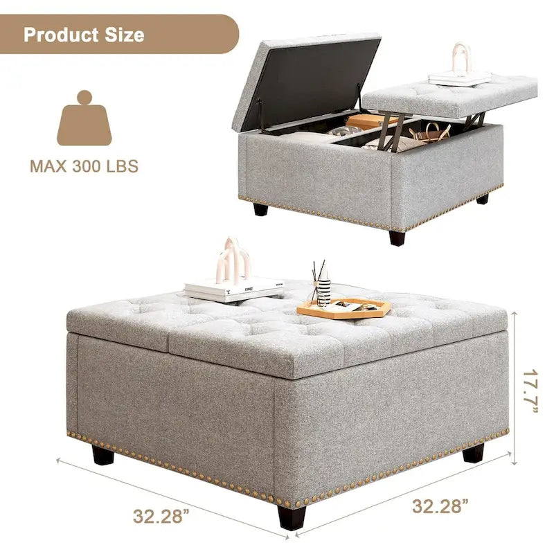 Upholstered Storage Ottoman Bench with Lift Top, Light Grey Linen Fabric